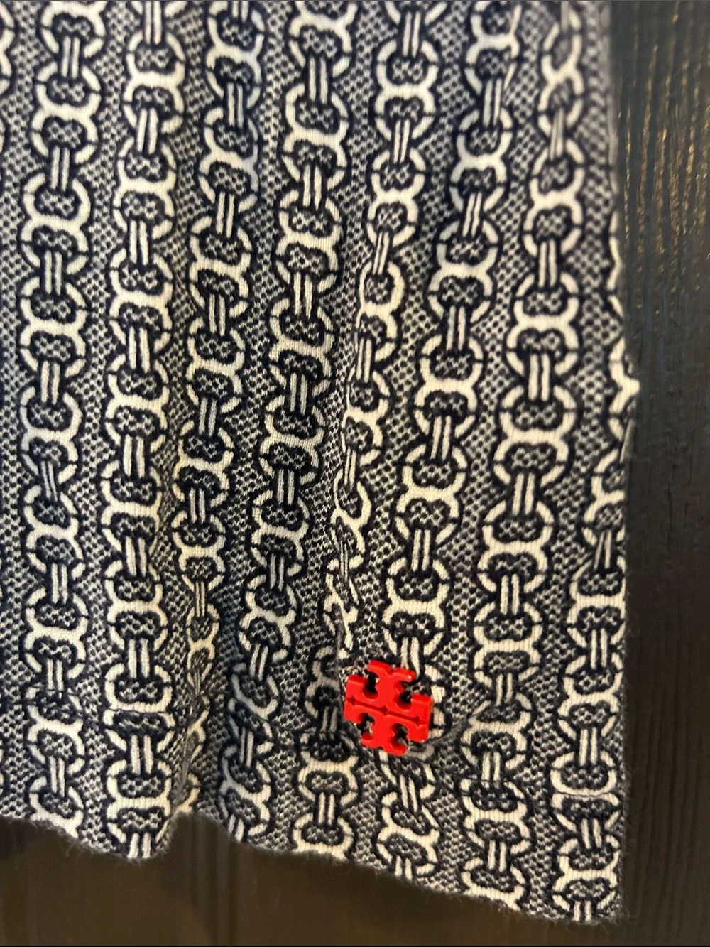 Tory Burch Navy & White Chain-Print Knit Top with Red Logo Accent